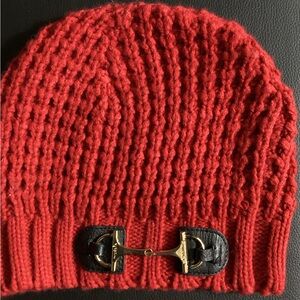 Mudpie Red Knitted Beanie Hat with a Horse “Snaffle Bit. One size.